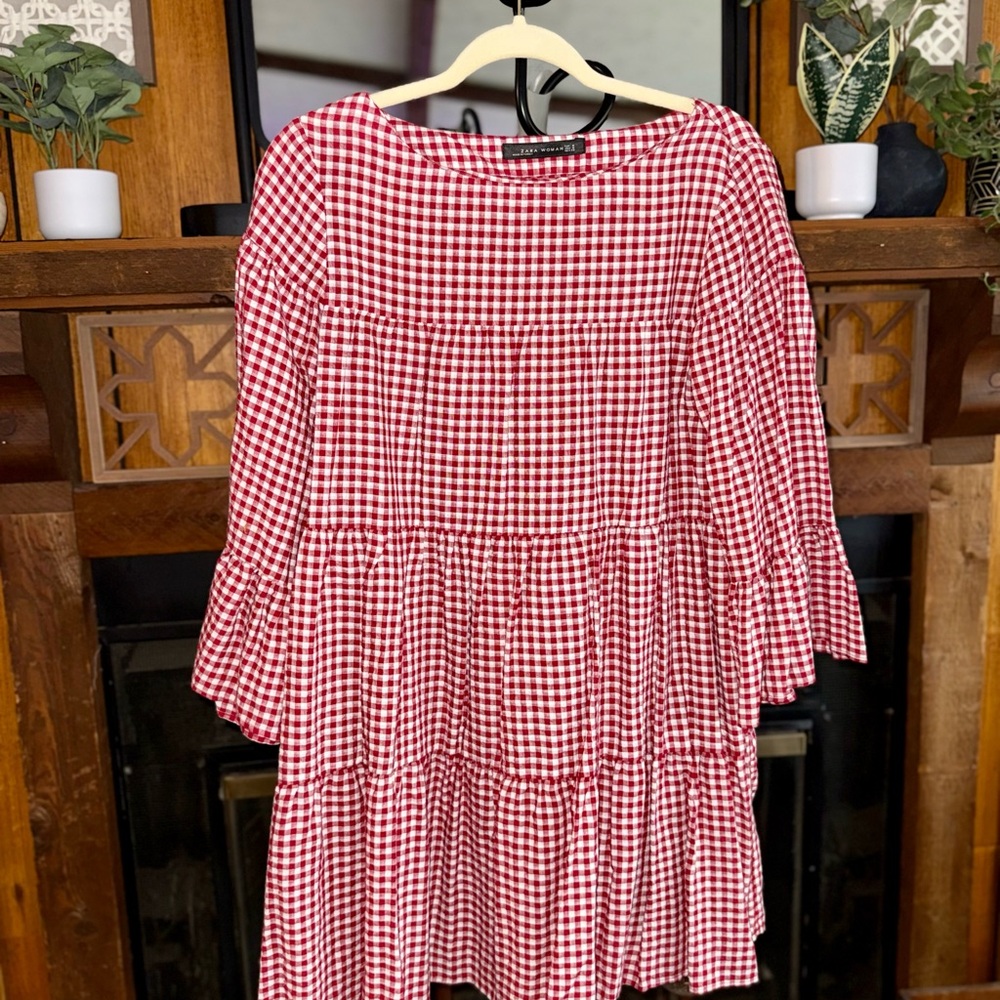 ZARA WOMAN Red Gingham Tiered Dress